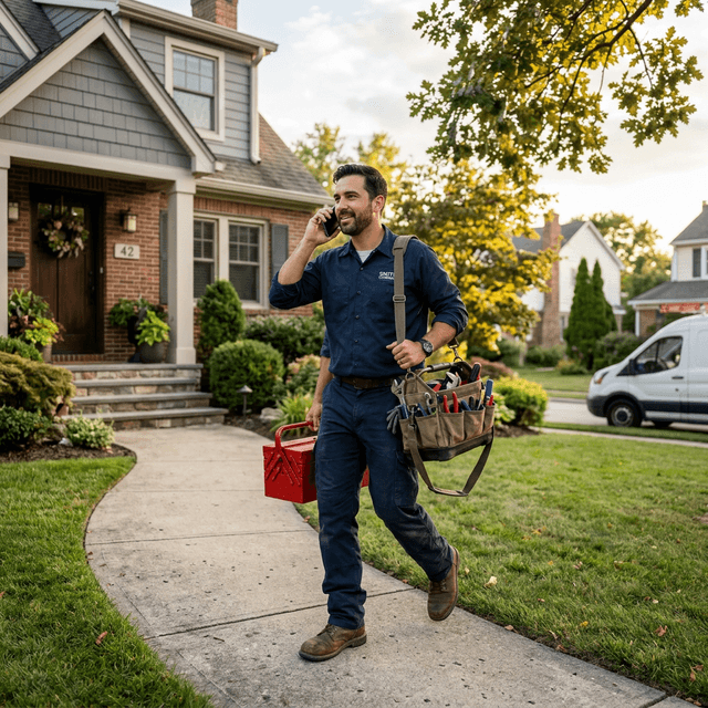 A professional cleaning team walking toward a commercial office building